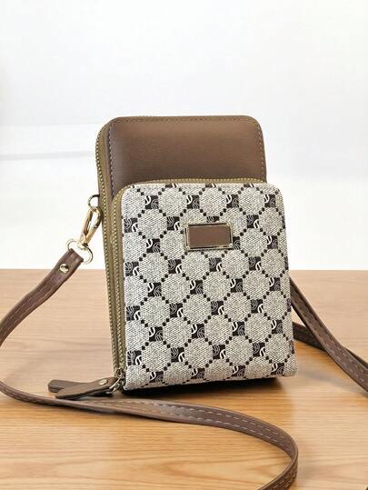 Messenger portemonnee met modieuze borduursels, zachte dubbele ritssluiting, multifunctioneel, grote capaciteit, telefoontasje, schattig en elegant, perfect voor jonge vrouwen en studenten, ideaal om mee te winkelen of als cadeau.