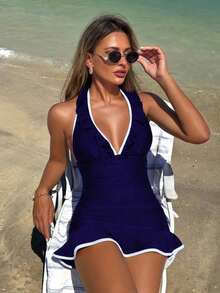 Women Halter Neck Two Piece Swimsuit Deep V Neck Ruffle Hem Shirred Waist Flattering Cute Mini Skirt Swimdress Beach Vacation Summer - 藏蓝色 - 查看 4