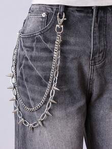 1条朋克金属腰链，多层铆钉腰带，嘻哈街头牛仔裤配饰链 - 銀色 - 查看 1