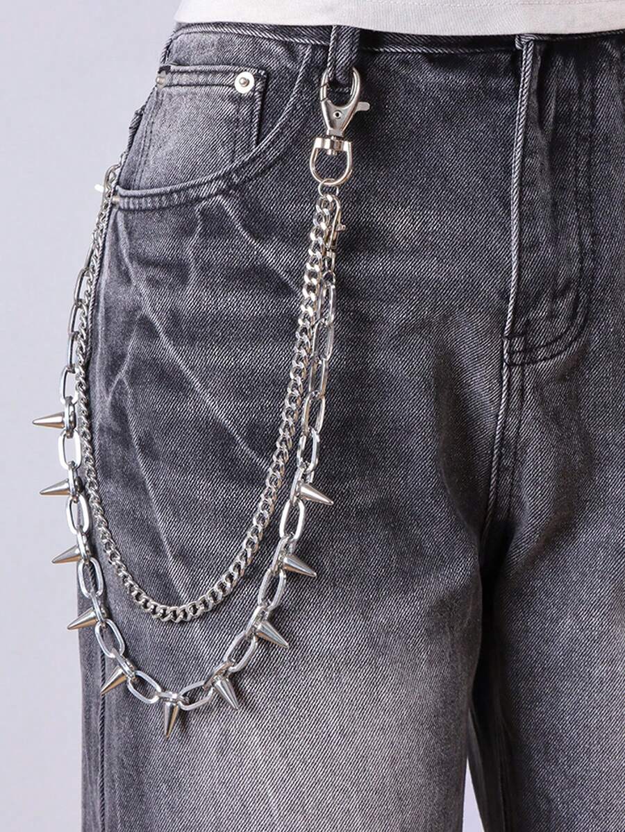 1条朋克金属腰链，多层铆钉腰带，嘻哈街头牛仔裤配饰链 - 銀色 - 查看 1