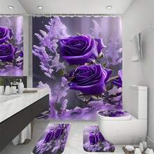 1/4件装薰衣草和2朵玫瑰花卉浪漫印花艺术派对装饰浴帘，酒店公寓浴室浴帘套装包含浴帘、防滑垫、马桶盖套、浴垫和12个塑料挂钩，浴室干湿分离帘，家居必备 - A - 查看 16