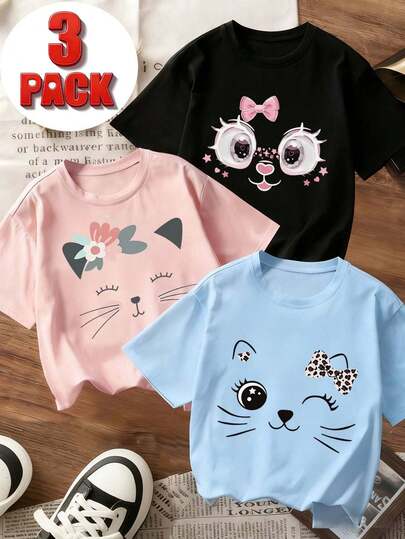 Conjunto de 3 piezas con estampado de gato de dibujos animados lindo para niñas preadolescentes, de tela suave y cómoda, adecuado para deportes al aire libre, uso diario, estilo callejero y de campus, tops casuales de primavera/verano de moda para niñas