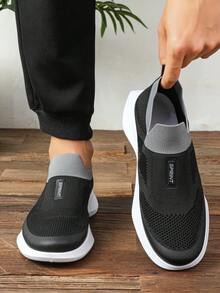 男士套脚针织网面鞋，轻便透气休闲运动鞋 - 黑色 - 查看 5