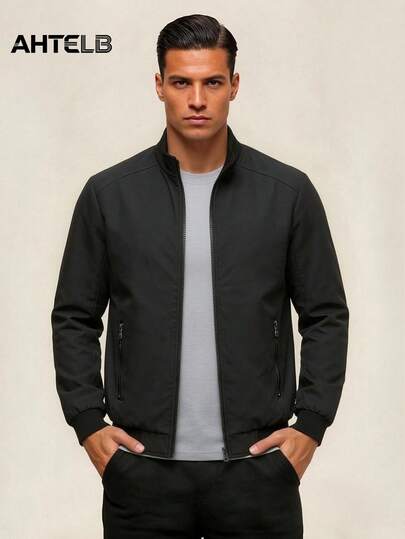 AHTELB 男士纯色立领棒球夹克，修身休闲多功能防风外套，街头时尚黑色春季夹克