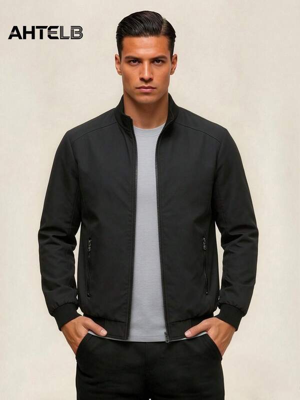 AHTELB 男士纯色立领棒球夹克，修身休闲多功能防风外套，街头时尚黑色春季夹克
