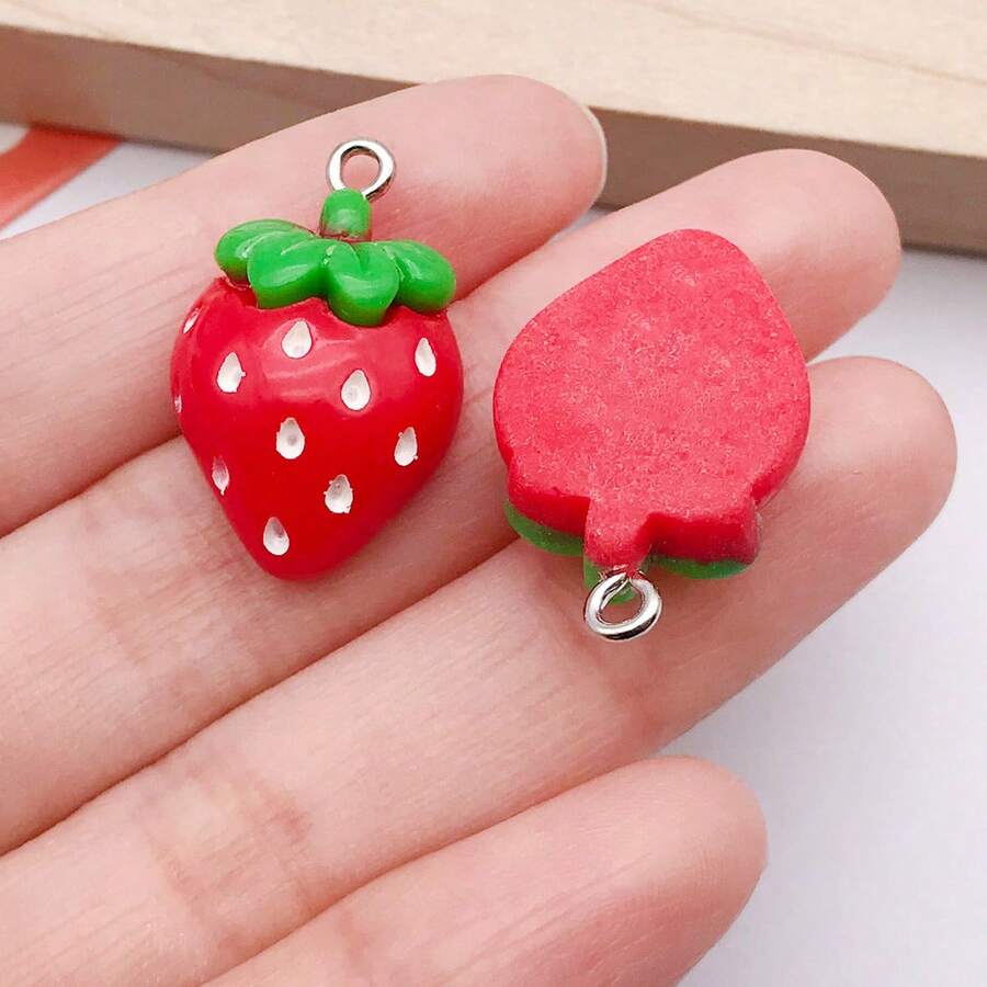 10pcs Resin Craft Supplies, Strawberry Pattern Pendants, For DIY Jewelry Making, Various Handmade Necklaces, Earrings, Bracelets, Hair Clips, Keychains, Bag Charms And Phone Decorations, Suitable For Holidays, Mother's Day, Weddings, Birthday Parties - Multicolor - View 1