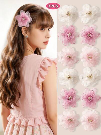 3个装飘逸仿真花发夹，沙滩度假风发饰，精致花朵发卡，适合女孩