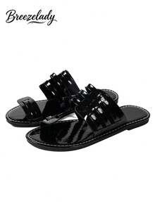 Breezelady 2025 Women's Outdoor Beach Party Casual Comfortable Elegant Flat Round Toe Shiny Fashion Sexy Sandals, Direct Factory - 黑色 - 查看 7