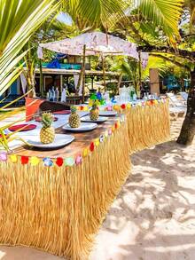 2pcs Hawaiian Grass Table Skirt, Natural Hibiscus Tropical Hawaiian Party Decor, Suitable For Indoor And Outdoor Party Decoration, Wedding Decoration, Summer Party Supplies, Straw Yellow - Yellow - View 6