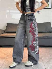 1pc Women's Loose Fit Embroidered Wide Leg Jeans, Comfortable Casual High Street Fashion Pants (Belt/Accessories Not Included) Spring Black - màu đen - Xem 4