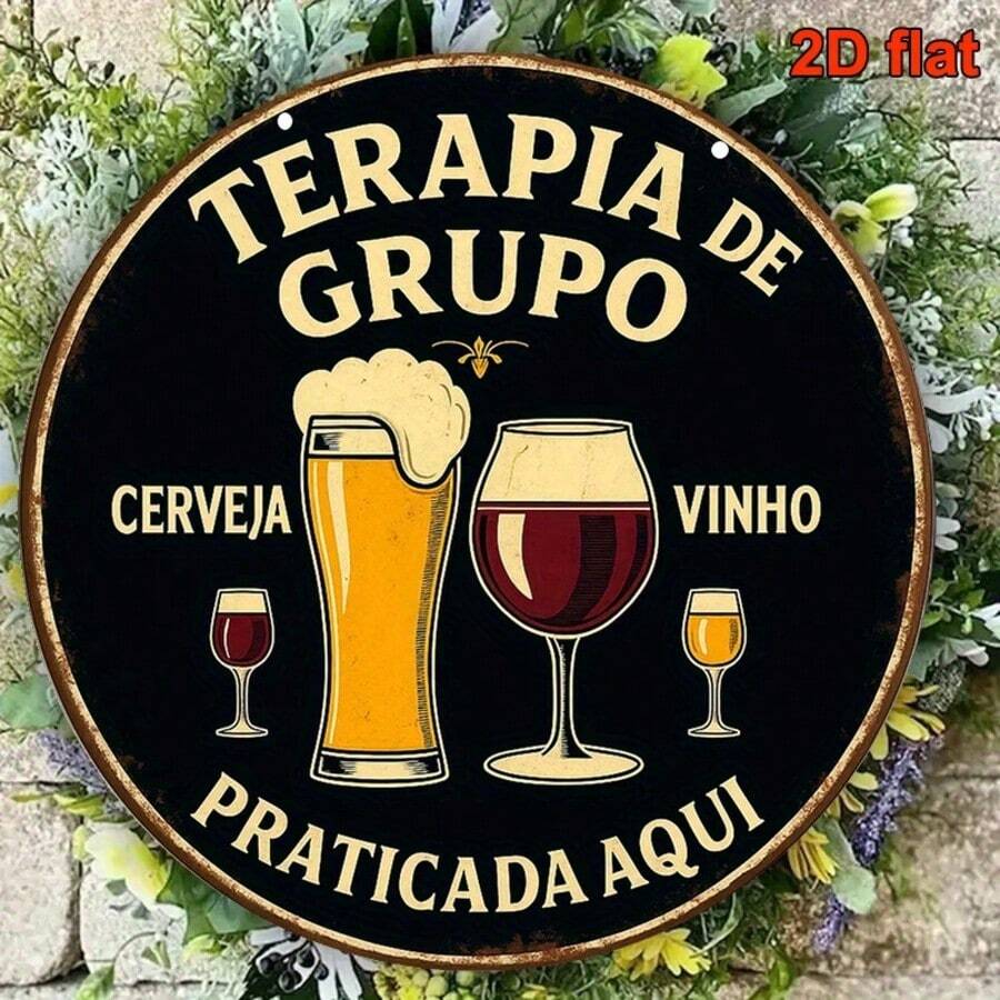 Plaque ronde en bois de 5,9 pouces avec thème bière et vin du Portugal et de l'Espagne - Panneau vintage "Cerveza/Cerveja/Cerveja De Vinho" avec phrase portugaise, décoration murale durable de couleur noir et or, convient pour bar, restaurant, maison - Art mural bière et vin, design plat 2D - Multicolore - Voir 1