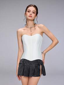 一件无肩带缎面紧身胸衣，公主风文艺复兴风格女式紧身胸衣，侧拉链和后系带设计，适合情人节、音乐节、婚礼和旅行/度假穿着。 - 白色 - 查看 5