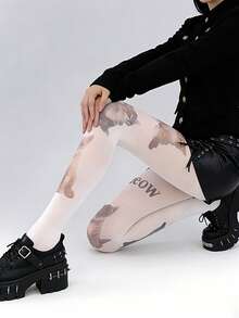 1双女士可爱小猫印花透明连裤袜，白色透明尼龙丝袜，朋克街头风时尚腿部服饰，适合日常休闲外出穿着 - 彩色 - 查看 9