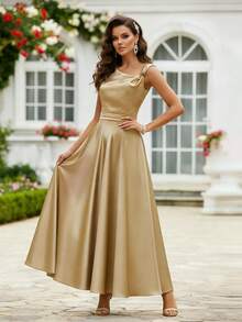 HOMEYEE 女士优雅无袖不对称领口长款喇叭连衣裙，迷人浪漫的鸡尾酒会礼服/婚纱 - 香檳色 - 查看 6