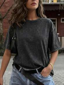 女士休闲圆领短袖T恤，适合春/秋/夏季穿着，返校季上衣，夏季穿搭，女士度假穿搭，女士春季穿搭，黑色 - 黑色 - 查看 6