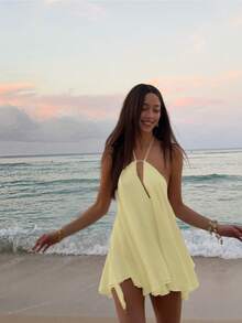 Women's Vacation Beach Sexy Solid Color Backless Halter Mini Dress Elegant Party Summer - Light Yellow - View 3