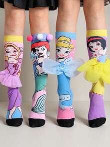 Disney 可爱3D儿童公主系列过膝长袜，时尚儿童派对长袜，高品质礼物，开学季，趣味时尚小粉丝公主小腿袜 - 彩色 - 查看 1
