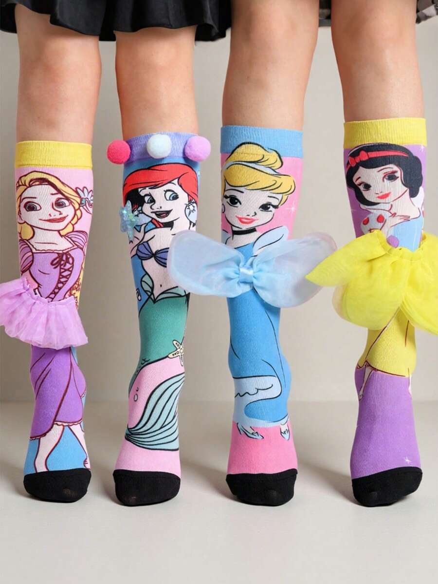 Disney 可爱3D儿童公主系列过膝长袜，时尚儿童派对长袜，高品质礼物，开学季，趣味时尚小粉丝公主小腿袜 - 彩色 - 查看 1