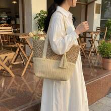 1 chiếc túi tote dệt kiểu Pháp cổ điển, túi xách du lịch, túi đi biển, túi đeo vai đa năng dành cho nữ đi làm. - Màu be - Xem 8