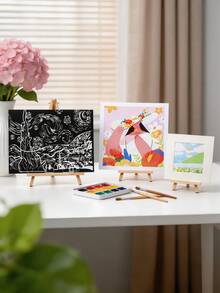 1个木制画架，桌面三脚架，适用于学生课桌绘画板、美术工艺品、绘画、照片、画布展示架，成人绘画用品套装，学校教室生日派对艺术礼品 - 原木色 - 查看 4