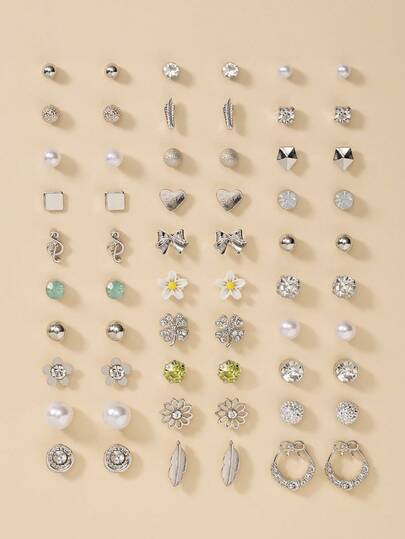 30对可爱蝴蝶结花朵仿珍珠不规则几何耳环，优雅时尚耳钉，适合日常、休闲、派对、约会等场合佩戴