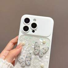 Funda protectora de teléfono de lujo con diseño elegante de concha, corazón, perla y mariposa con cristales brillantes para iPhone 17 Pro Max, 16 Pro, 15 Pro Max, 14, 13 Series, anti-caída, sensación de lujo, regalo de primavera - Blanco - Ver 5