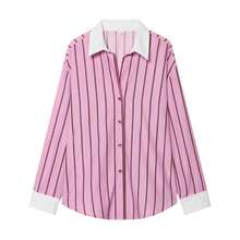 Women's Fashion Striped Collared Long Sleeve Shirt Pink Spring - Pink - View 7