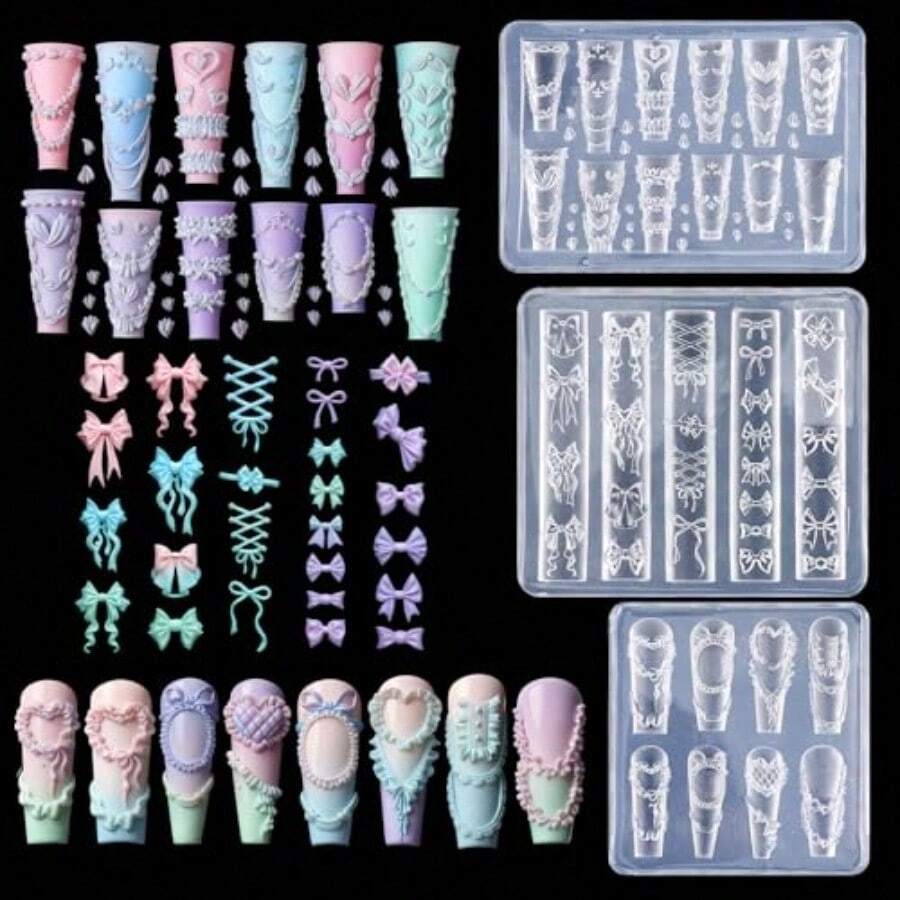 3Pcs Silicone Nail Molds 3D Bow Charms Nail Mold Carving Template Stencil For Women Nails Art Fingertip Decoration Transparent Resin Craft Accessories - Trong sáng - Xem 1