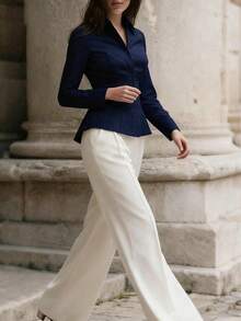 女士新款畅销春秋季休闲衬衫，长袖设计，腰部褶裥设计凸显腰线和身材曲线，适合日常通勤和办公穿着。 - 藏蓝色 - 查看 6