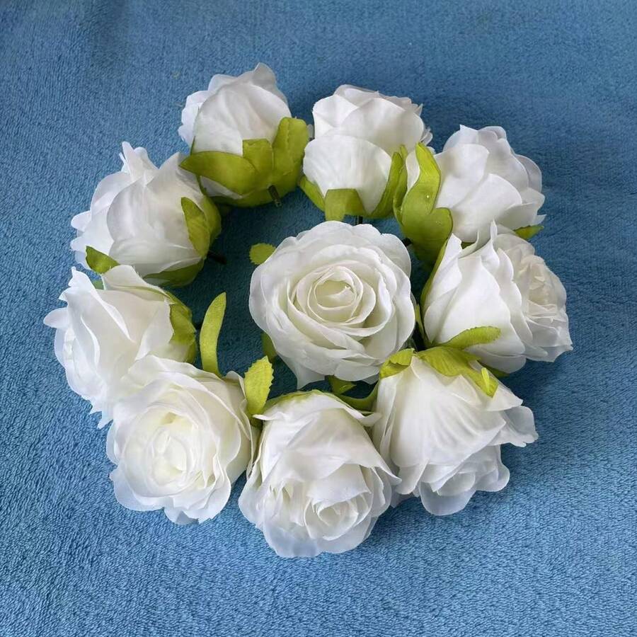 12 piezas de cabezas de flores de rosas blancas artificiales (con cáliz) - Blanco - Ver 1