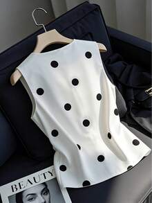 波点梭织面料办公室夏季新款黑白波点V领休闲时尚常规背心 - 白色 - 查看 2