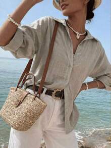 Women's Casual Linen Solid Color Rolled Cuff Button Detail Turndown Collar Long Sleeve Cardigan Spring - Grey - View 9