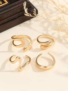 4pcs Set Liquid Lava Metal Adjustable Bendable Smooth Wrinkled Finish Gold Rings, Suitable For Daily Wear Or As Gift For Women - 4-piece Set - View 3