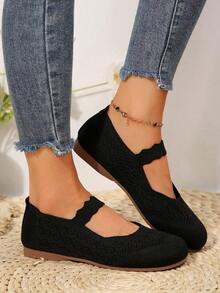 Autumn Women All Season Knit Mary Jane Flat Shoes, Solid Color Slip-On Round Toe Shoes, Fabric Upper & Lining, Rubber Outsole, Handwash Supported - 黑色 - 查看 2