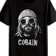 Men'S Vintage Rock Band Graphic T Shirt COBAIN Print Black Crew Neck Short Sleeve Tee Casual Summer Polyester Top - 款式 - 查看 1