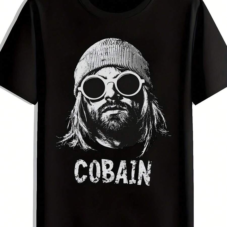 Men'S Vintage Rock Band Graphic T Shirt COBAIN Print Black Crew Neck Short Sleeve Tee Casual Summer Polyester Top - 款式 - 查看 1