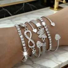 Bộ 6 chiếc vòng tay đa năng thời trang đính đá nhiều màu sắc hình bướm, vô cực, số 8, vòng tay co giãn toàn bộ, vòng tay hình trái tim, bộ vòng tay nhiều lớp, thích hợp cho sử dụng hàng ngày, ngày lễ, giải trí. - Bạc - Xem 6