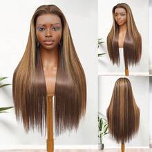棕金色钢琴音色长直发假发 13x4 高清蕾丝前假发 耐热合成混纺人发假发 预拔毛自然发际线 短款波波头直发 - S4/27 - 查看 2