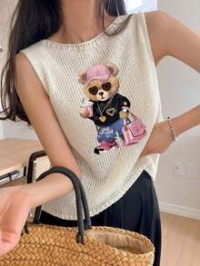 Áo ba lỗ nữ cổ tròn mới mùa xuân hè in hình gấu bông đội mũ lưỡi trai và uống nước, áo thun trắng mùa hè, kiểu dáng đơn giản, thanh lịch, phù hợp cho đi làm, áo nữ mùa hè, mặc hàng ngày, đi chơi, tốt nghiệp. - trắng - Xem 1