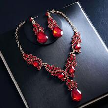Bộ trang sức hợp kim phong cách Bohemian cổ điển 3 món, đính đá và thủy tinh, sang trọng, tinh tế và thanh lịch, phù hợp để đeo hàng ngày, dự đám cưới, họp mặt, tiệc tùng, là món quà hoàn hảo cho các dịp lễ, Ngày của Mẹ. - Đỏ - Xem 3
