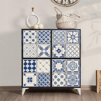 24Pcs Blue And White Peel And Stick Tile Stickers 10/15cm Waterproof Self-Adhesive Wall Decals For Kitchen Bathroom