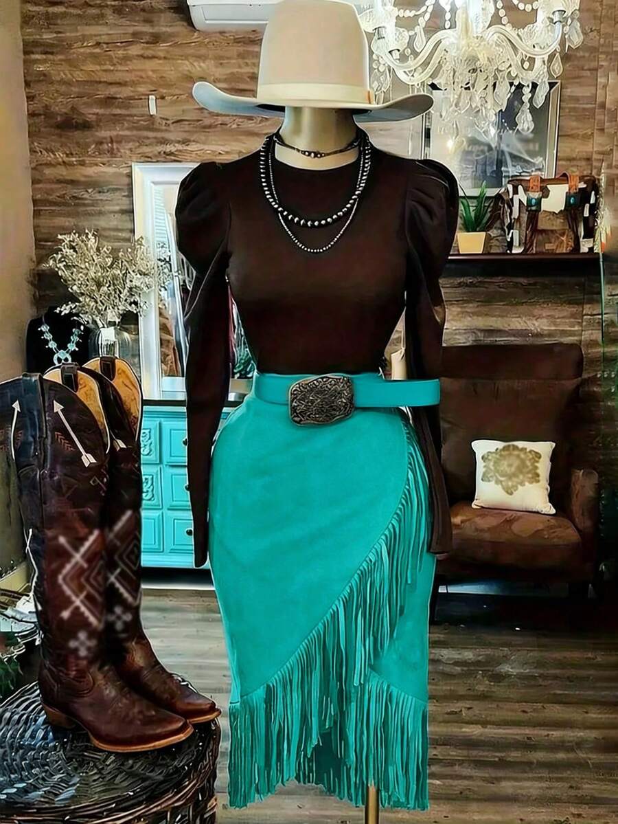 时尚西式女装百搭优雅纯色麂皮流苏迷你裙，休闲日常夏季穿着