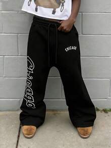 男士抽绳印花休闲裤，舒适透气运动裤 - 黑色 - 查看 6