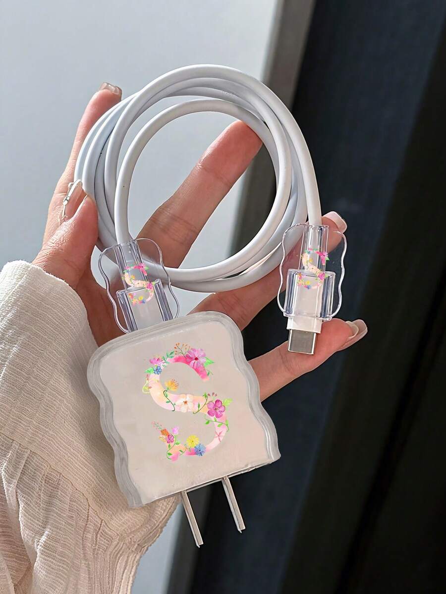 3件套苹果充电器保护套,花卉字母波浪图案设计,兼容18W/20W快充适配器,防刮配件(A-Z图案) - 彩色 - View 1