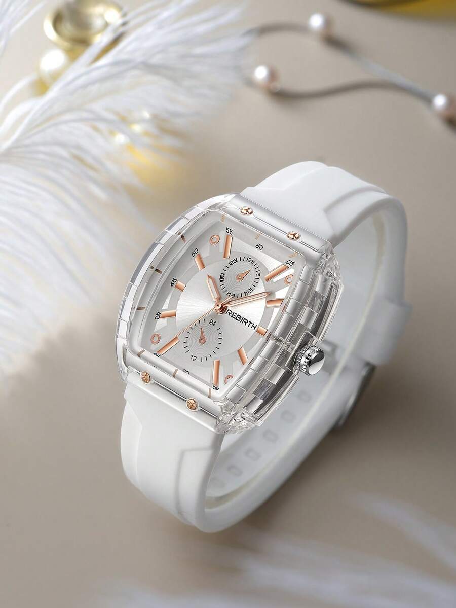 1pc Women's Casual Affordable Silicone Strap Square Wrist Watch, Suitable For Daily Wear