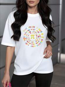 Círculo colorido con símbolo pi rodeado de números que representan la infinitud del conocimiento y la armonía de las matemáticas camiseta de mujer blanca casual cómoda 220g perfecta para uso diario - Blanco - Ver 1