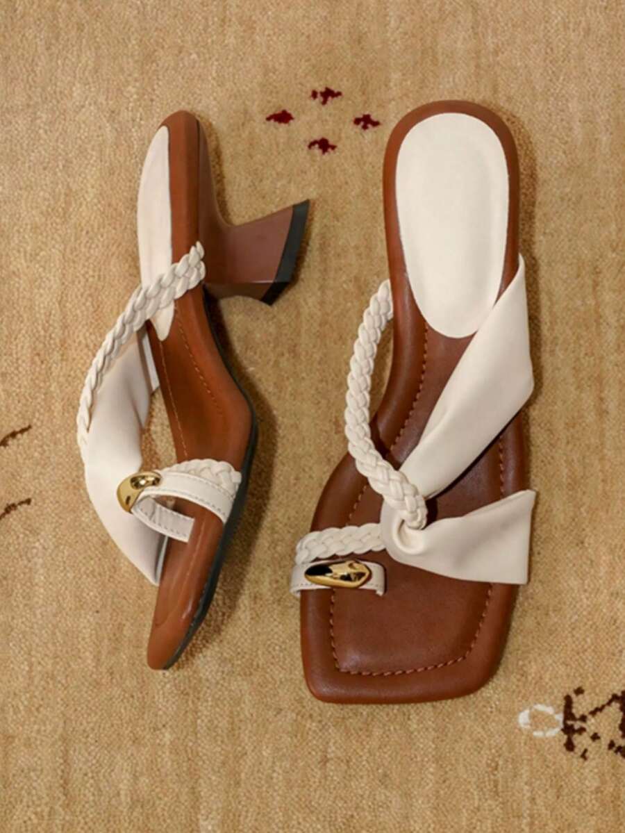 Retro Square Toe Slip-On Sandals, Casual Summer Vacation Versatile New Arrival Women Flip Flops - White - View 1