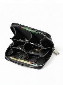 新款时尚荔枝纹流行PU迷你大容量零钱包，多隔层紧凑型零钱卡包 - 黑色 - 查看 3