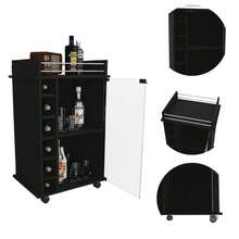Carrito de Bar Vegas, Mueble de Dos Niveles con Puerta de Vidrio, Seis Compartimentos para Licores en el Interior - Negro + Tablero de partículas + Melamina - Ver 3