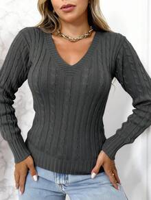 Women's Knitted Sweater With A V-Neck, Long Sleeves, And Regular Length With Slight Stretch. - 深灰色 - 查看 1